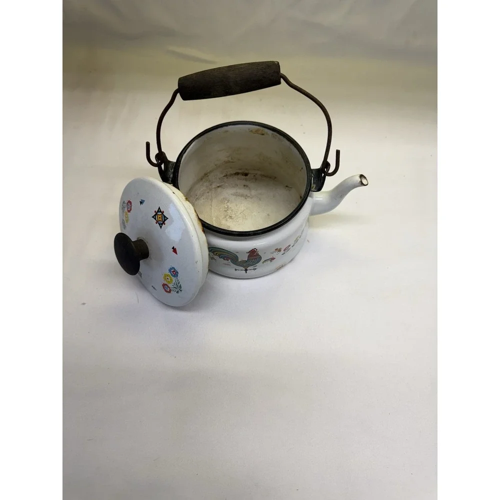 Berggren Rooster Enamelware Tea  Pot Kettle Swedish Folk Art Vintage with Handle